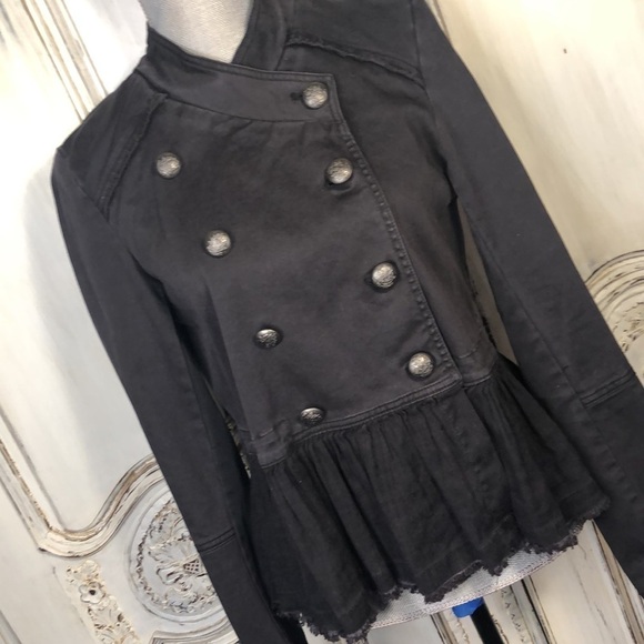 Free People Double Breasted Gray Denim Peplum Skirt Military Jacket Size Small P - Picture 2 of 13
